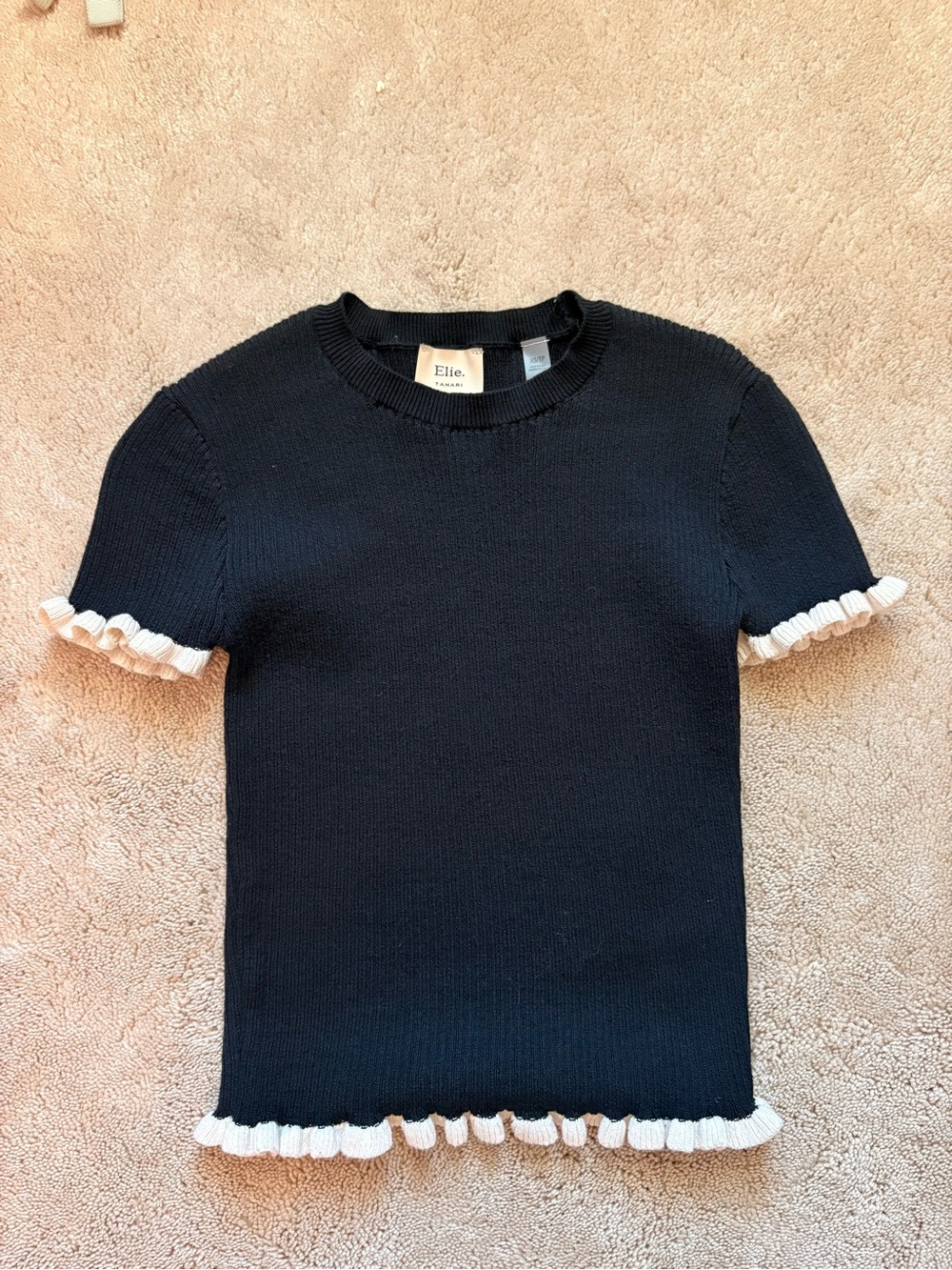 Tahari Elie Black Knit Top with White Label Detail